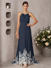 Pink Beaded Ruched Chiffon Halter Sleeveless A-Line Gown Maxi Dress