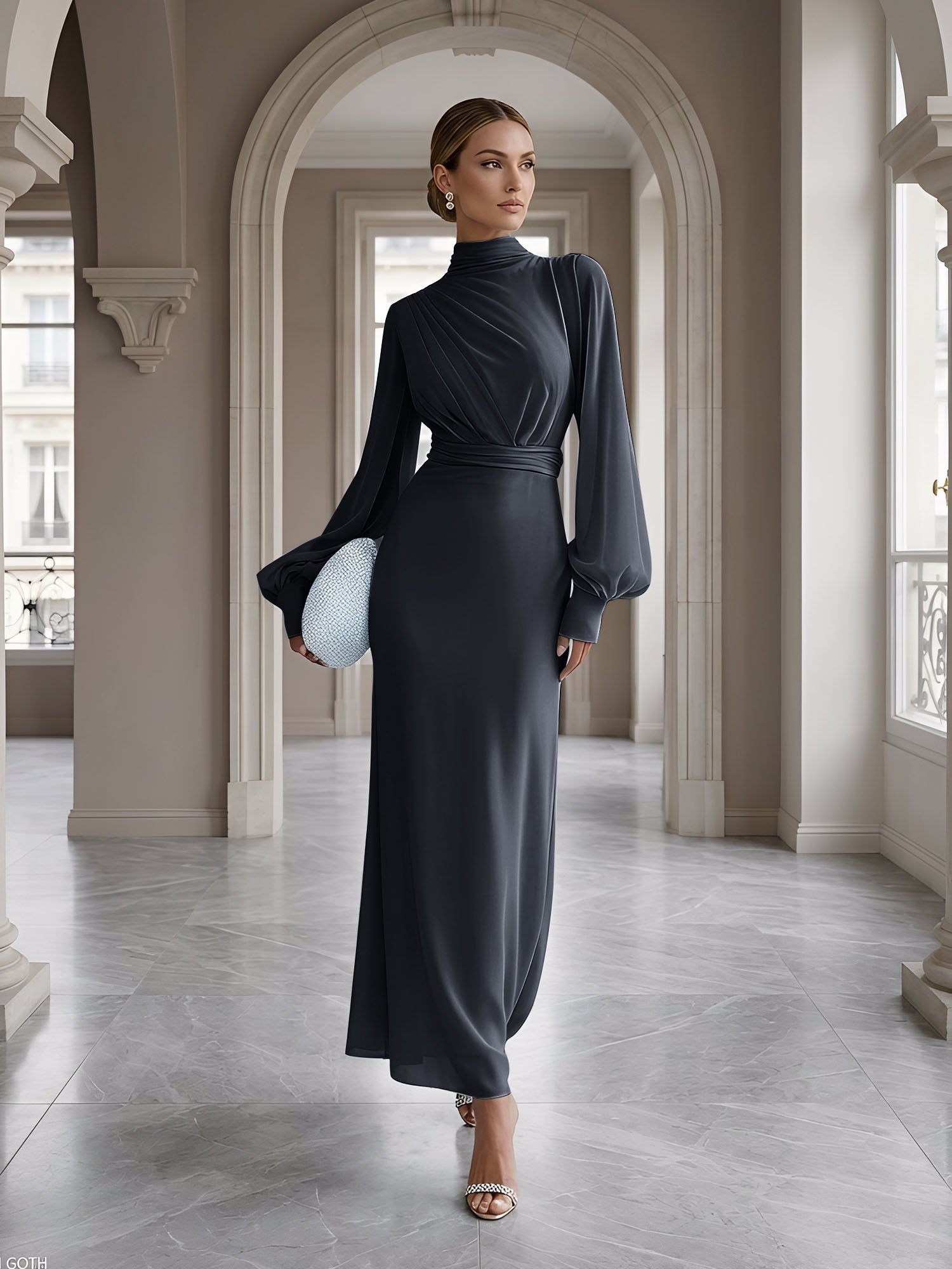 Ice Blue High-Neck Bishop Sleeve Gown Foraml Evening Dress