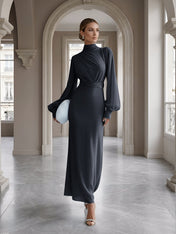 Ice Blue High-Neck Bishop Sleeve Gown Foraml Evening Dress