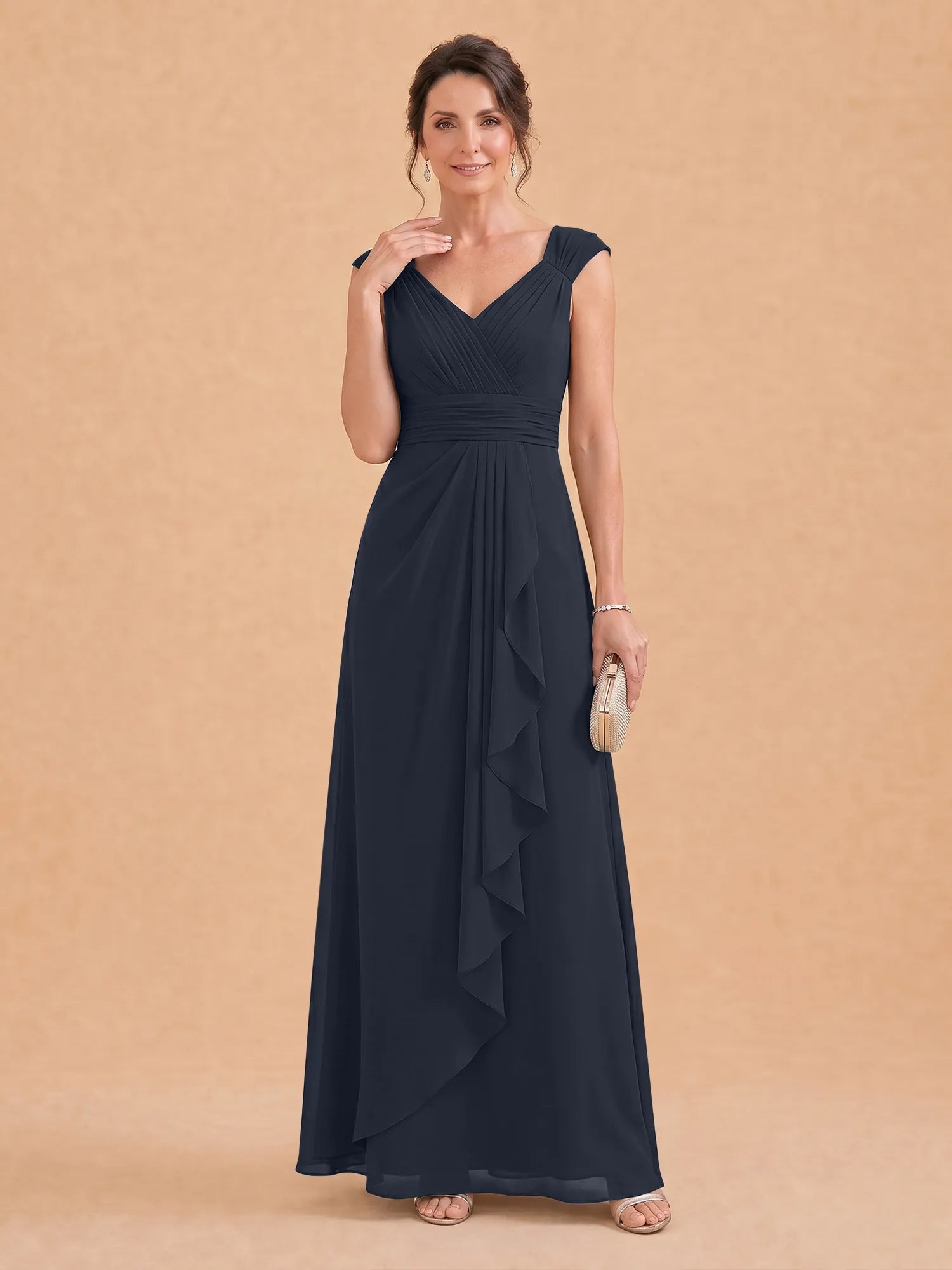 V-Neck Ruched Chiffon A-Line Mother of the Bride Dress with Cascading Ruffle