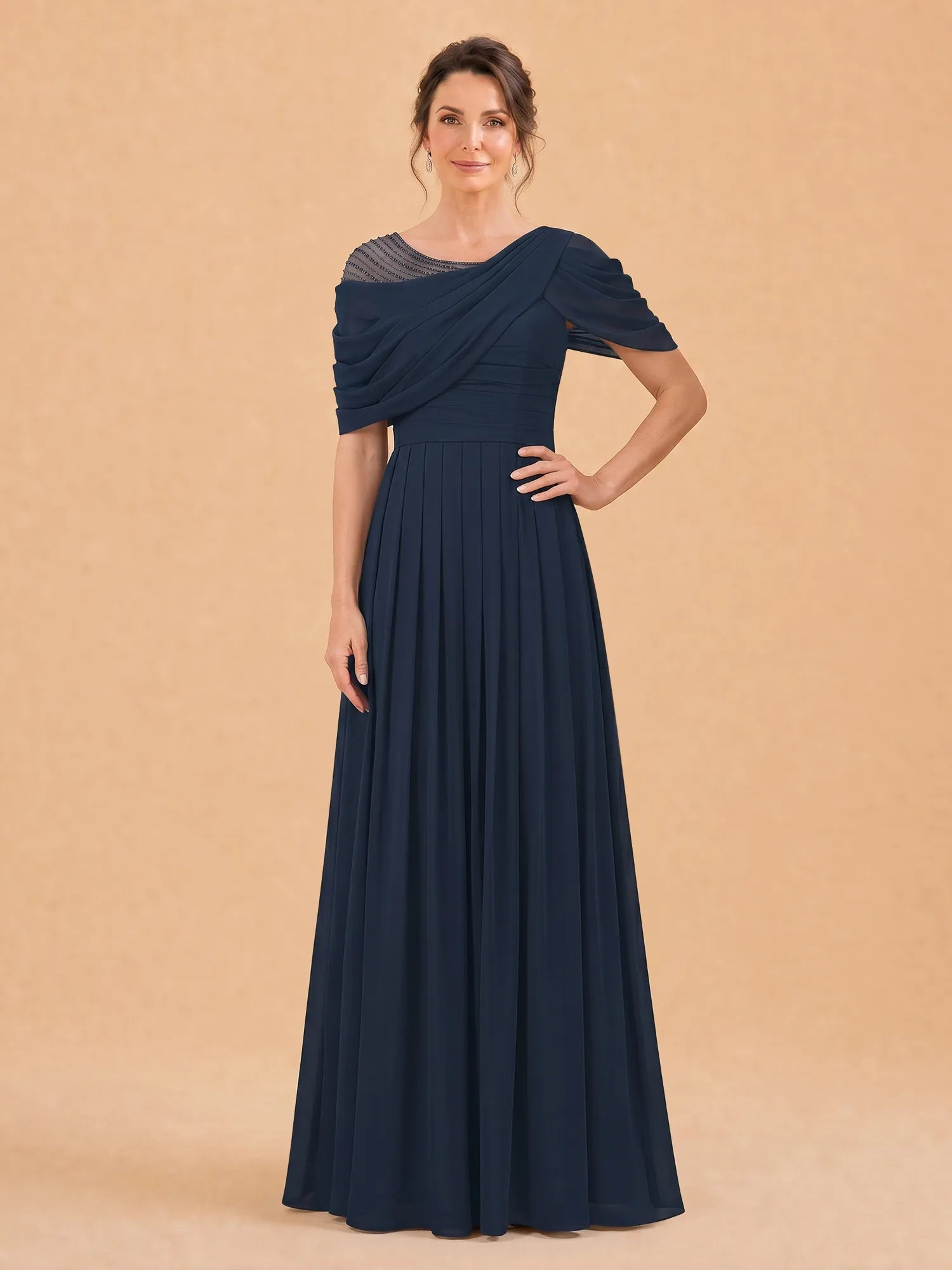 One-Shoulder Cape Overlay Chiffon Mother of the Bride Dress