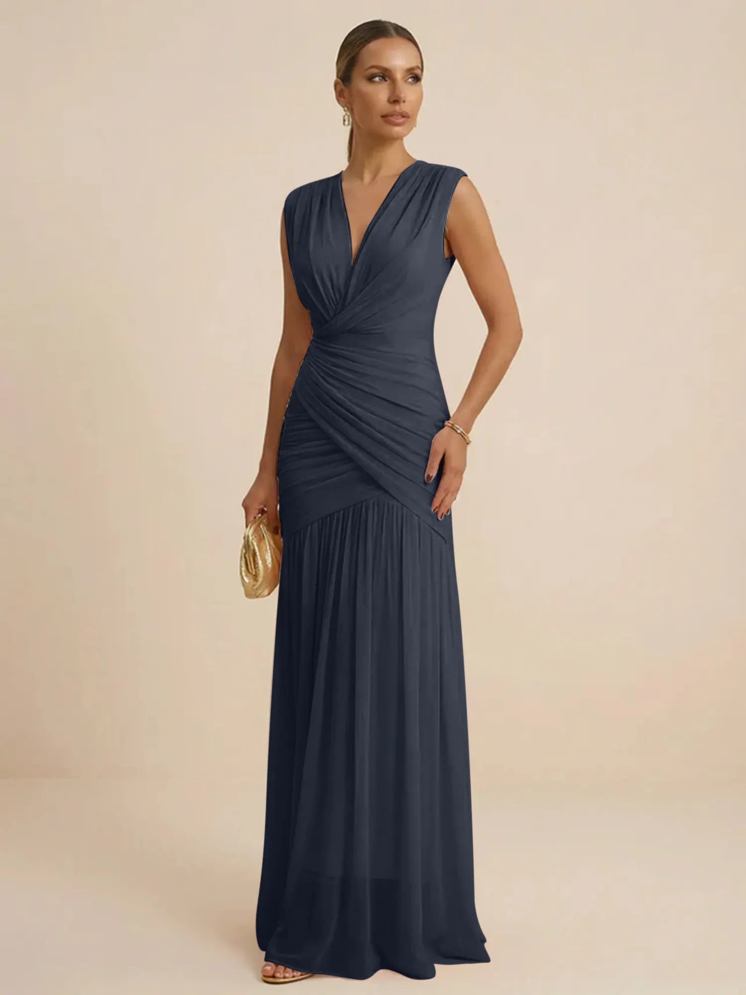 Pink Regular Straps V Neck Chiffon Pleat Mermaid Maxi Dress