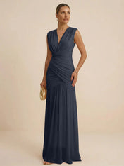 Pink Regular Straps V Neck Chiffon Pleat Mermaid Maxi Dress