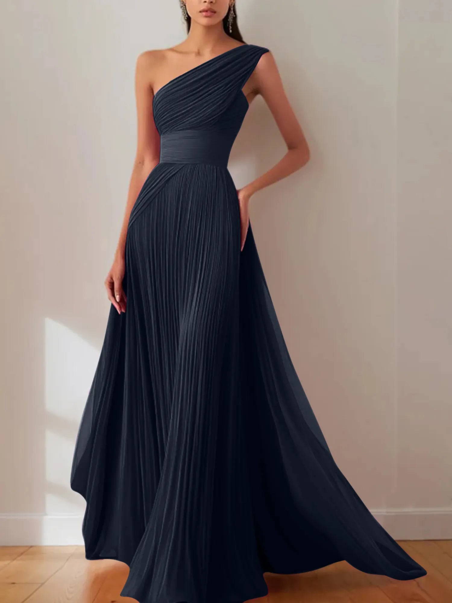 Prom Formal Pleated Dress Rose Color One-Shoulder Maxi Dress