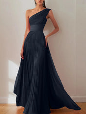Prom Formal Pleated Dress Rose Color One-Shoulder Maxi Dress