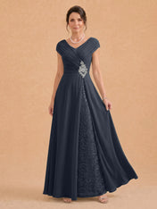 V-Neck Ruched Chiffon A-Line Mother of the Bride Dress with Crystal Brooch