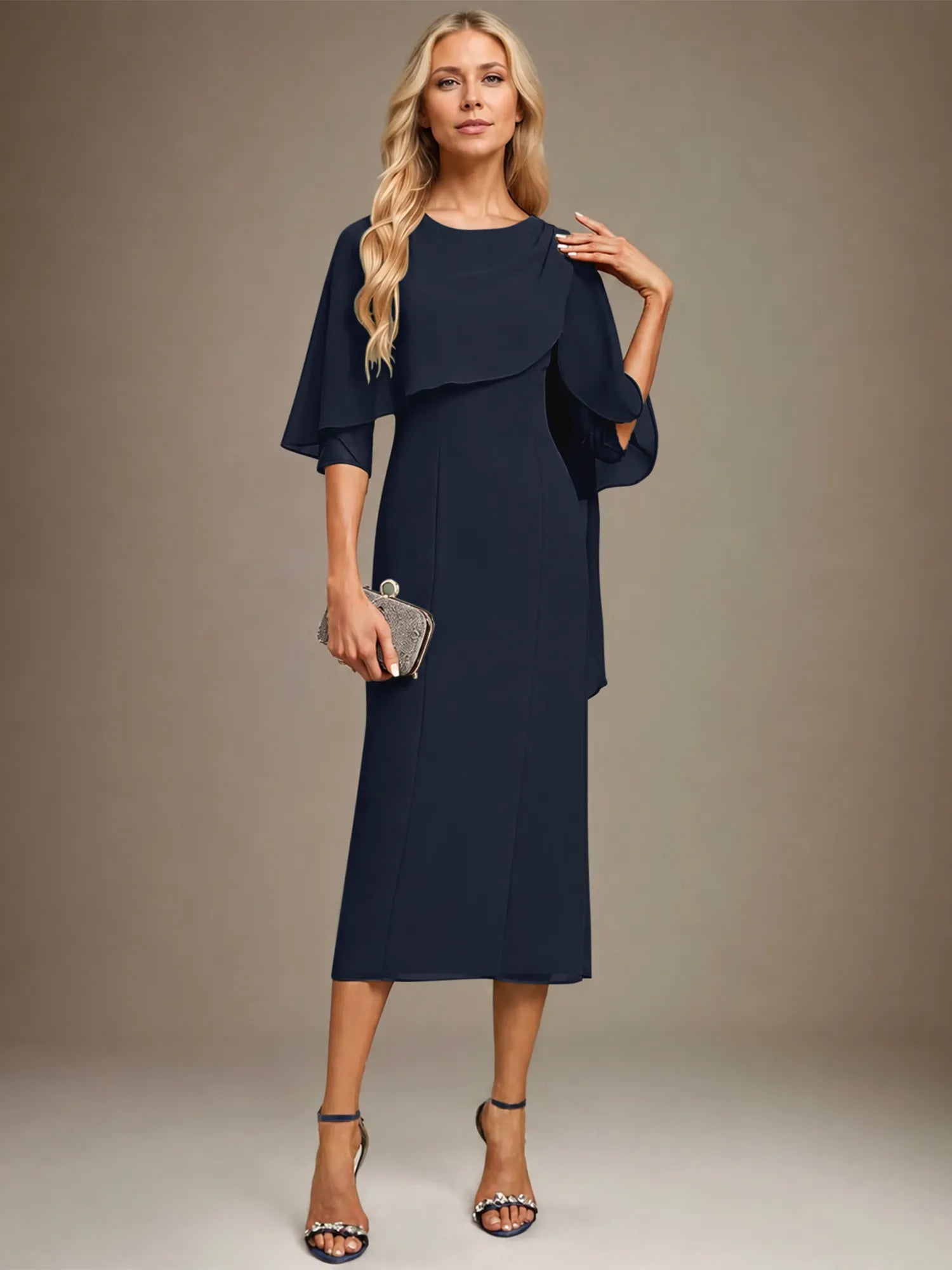 Column Scoop Tea Length Chiffon Dress With Pleated Beading