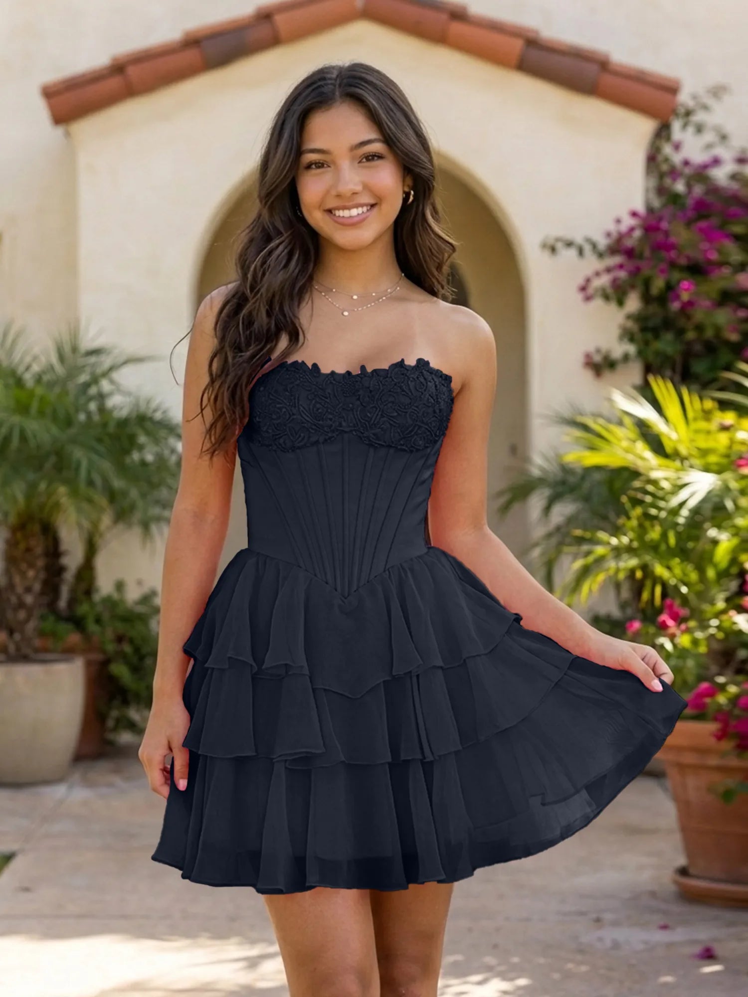 Pink Lace Strapless Corset Mini Dress Tiered Chiffon Skirt Lace Up Back Homecoming Dresses