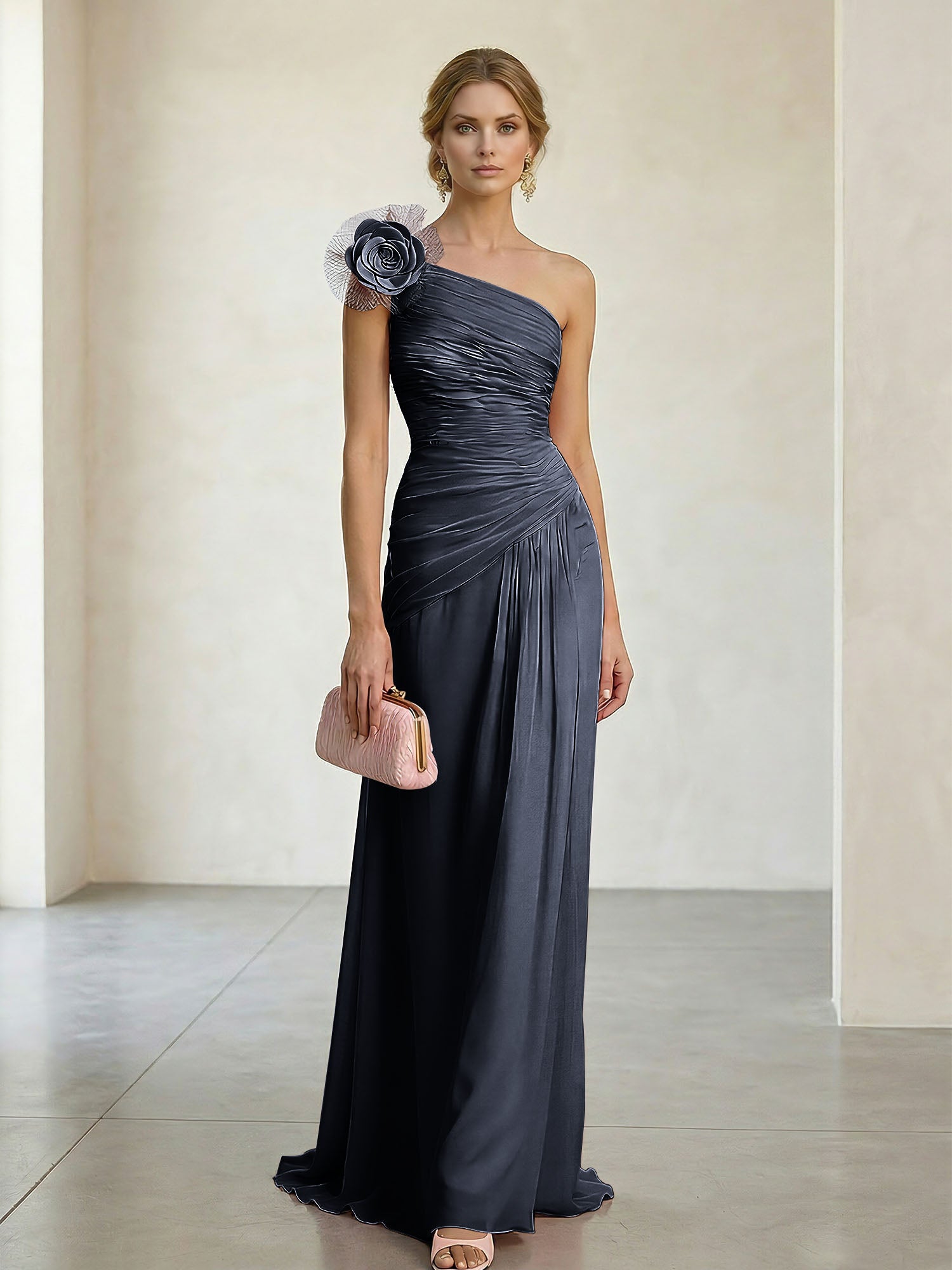 Blush Pink One-Shoulder Ruched 3D Floral Gown Dress