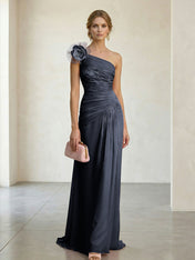 Blush Pink One-Shoulder Ruched 3D Floral Gown Dress