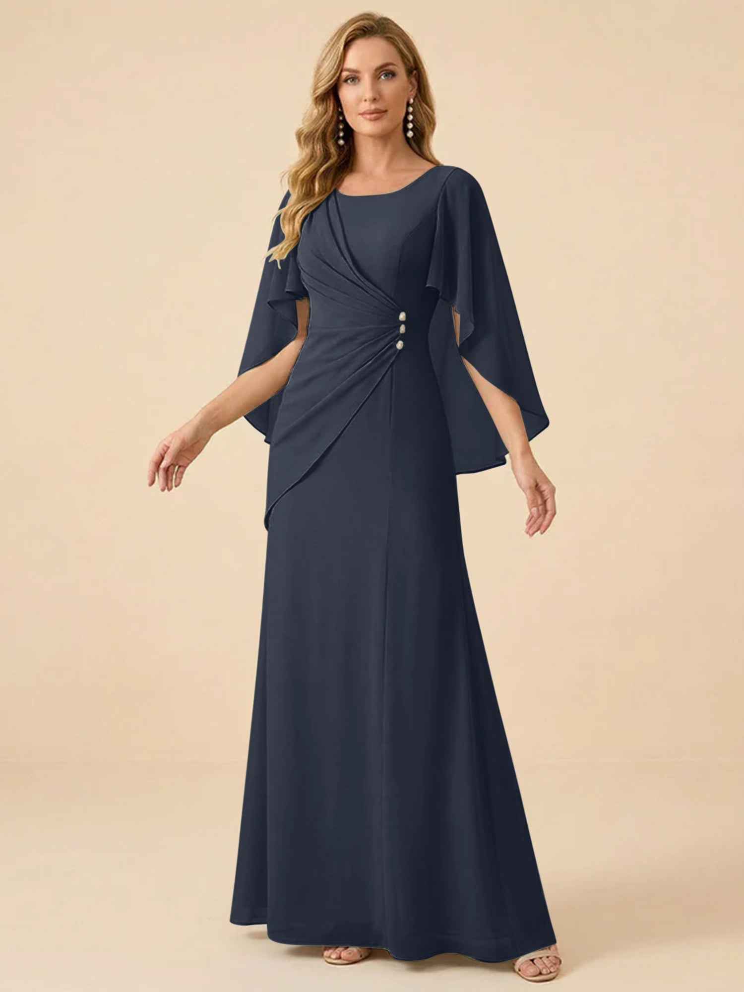 Sage Green Chiffon Beaded Mother of the Bride Dress with Cape Sleeves