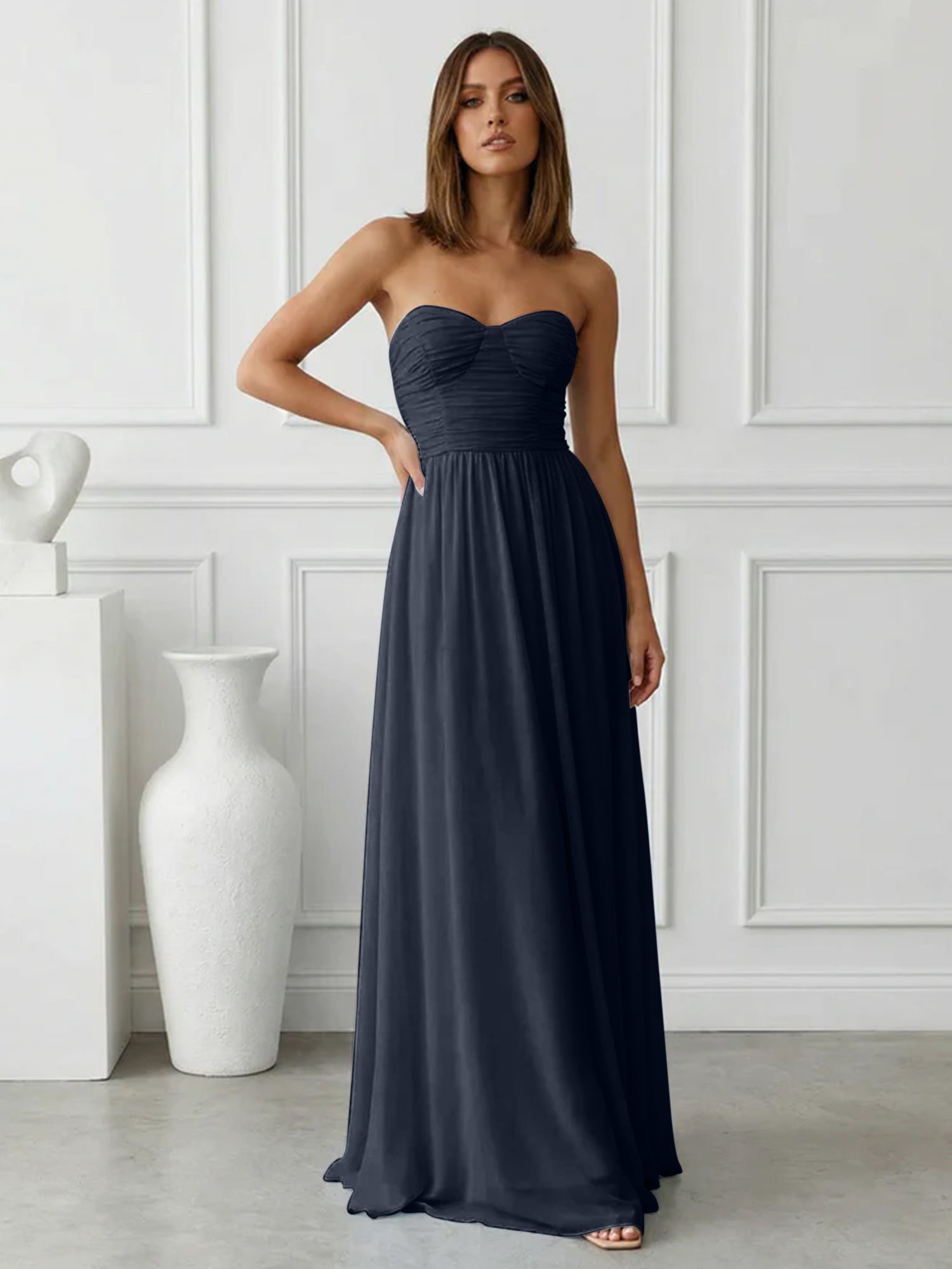 Light Blue Sweetheart Chiffon A Line Maxi Dress with Pleat