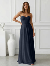 Light Blue Sweetheart Chiffon A Line Maxi Dress with Pleat