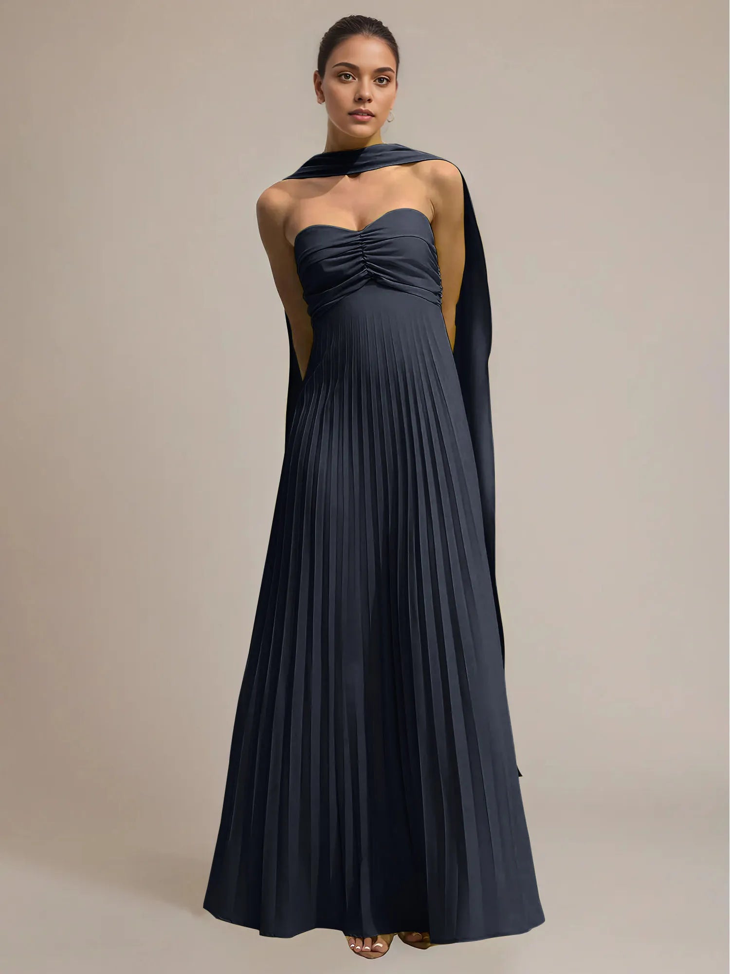 Green Chiffon A Line Off The Shoulder Sleeveless Floor Length Pleated Dress