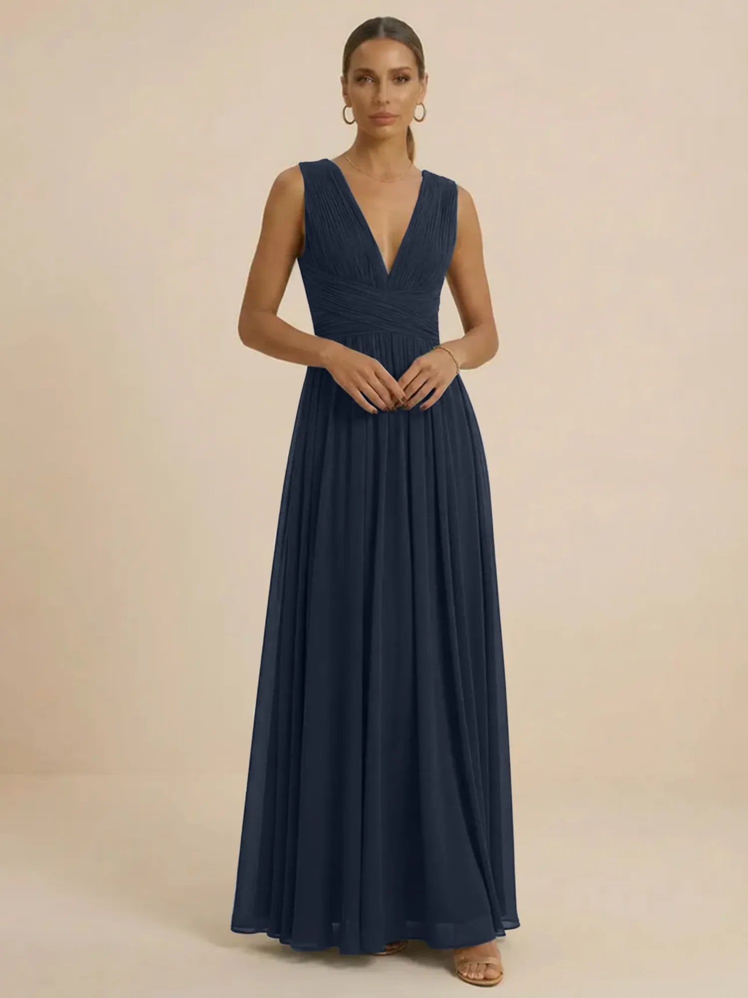 Teal Pleated V-Neck Chiffon Evening Gown with Ruched