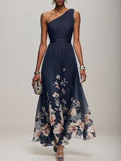 Light Blue Floral Chiffon One Shoulder Sleeveless A-Line Maxi Dress Gown