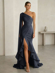 Glamorous Midnight Navy Formal Evening Dress One-Shoulder Ruched Cape Gown