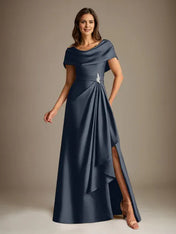 A-Line Scoop Floor-Length Stretch Satin Mother of the Bride Dress With Cascading Ruffles
