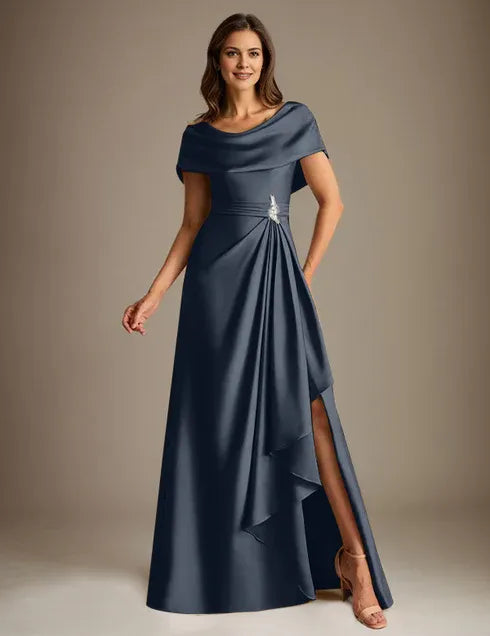 A-Line Scoop Floor-Length Stretch Satin Mother of the Bride Dress With Cascading Ruffles