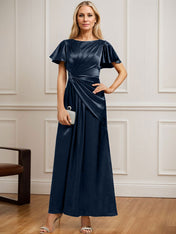 Dreamylily A-line Scoop Ankle-Length Stretch Satin Mother of the Bride Dress With Pleated Beading Dreamylily A-line Scoop Ankle-Length Stretch Satin Mother of the Bride Dress With Pleated Beading