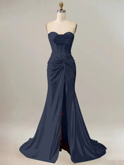 Royal Blue Mermaid Strapless Sweetheart Corset Long Prom Dress with Slit