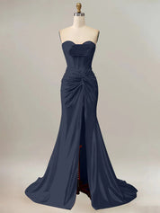 Royal Blue Mermaid Strapless Sweetheart Corset Long Prom Dress with Slit
