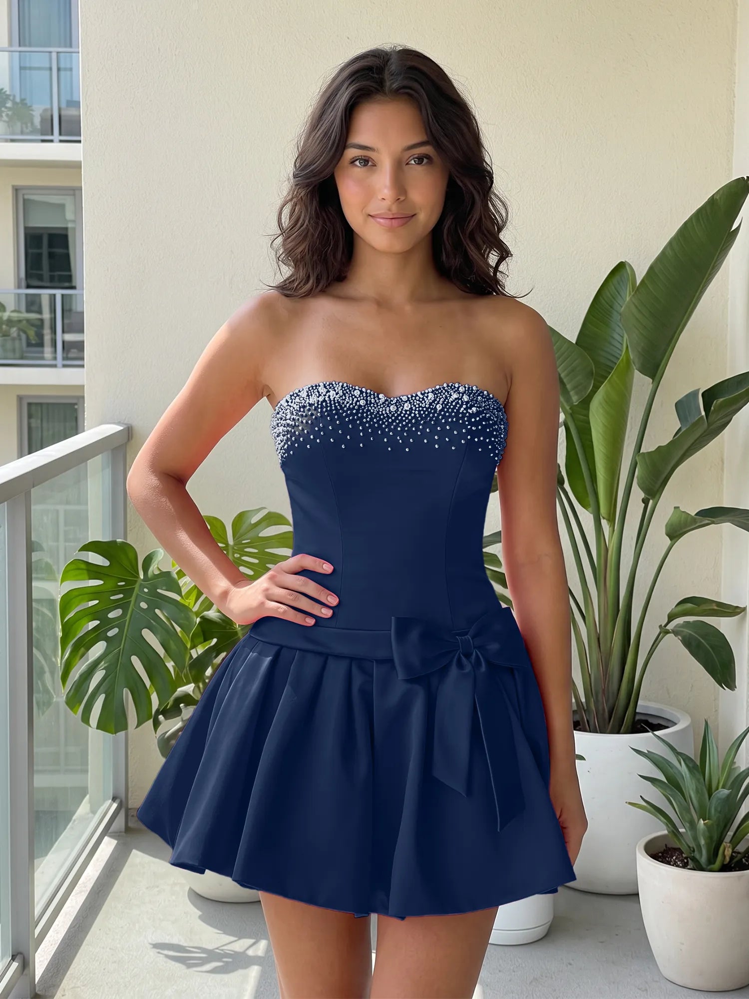 Fuchsia Pearl Corset Short Homecoming Dresses Large Waist Bow Lace Up Back
