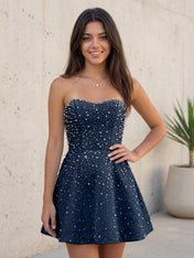 Baby Blue All Over Pearl Strapless Satin A-Line Mini Homecoming Dresses