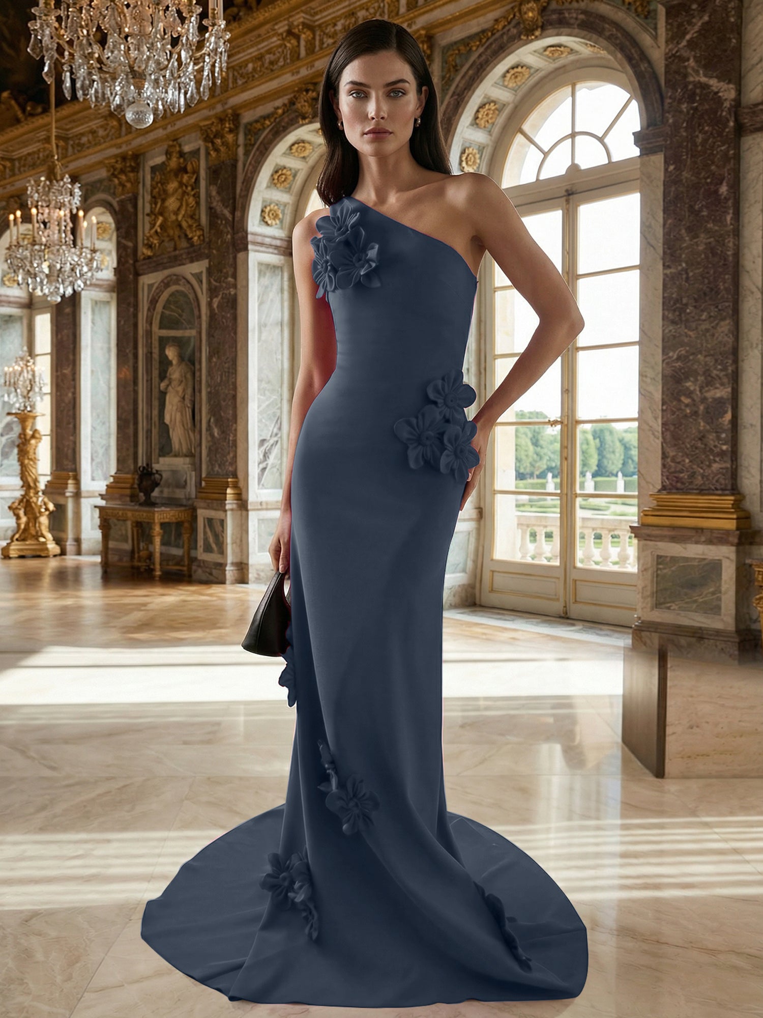 A Line One Shoulder Sleeveless Floor Length Stretch Crepe Dress With 3D Flowers