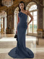A Line One Shoulder Sleeveless Floor Length Stretch Crepe Dress With 3D Flowers