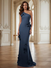 Cream One-Shoulder Prom Dress with Sculptural 3D Floral Appliqués