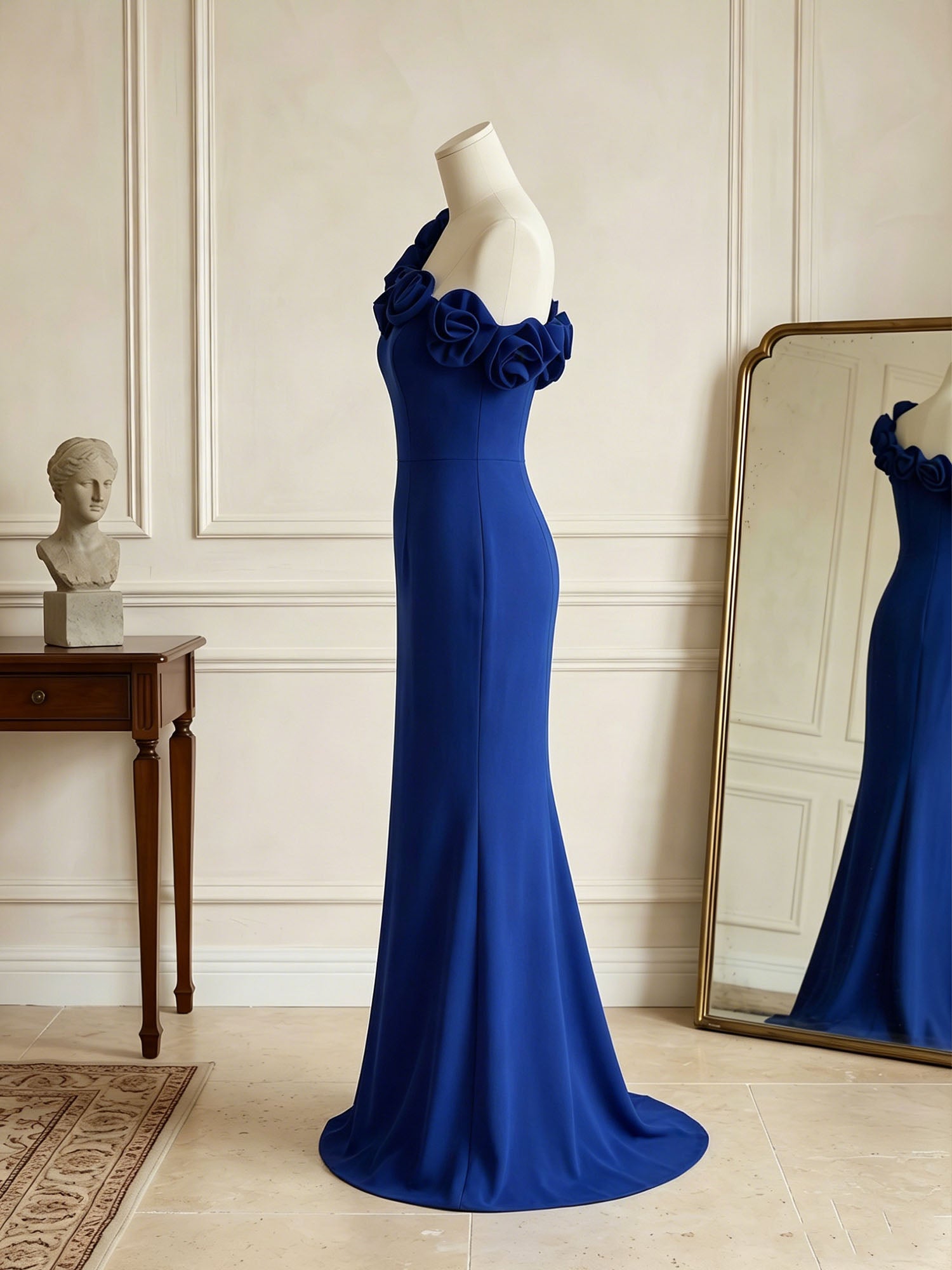 Navy Blue 3D Floral Classic One Shoulder Sleeveless Mermaid Gown Dress