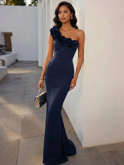 Navy Blue 3D Floral Classic One Shoulder Sleeveless Mermaid Gown Dress