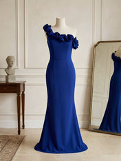 Navy Blue 3D Floral Classic One Shoulder Sleeveless Mermaid Gown Dress