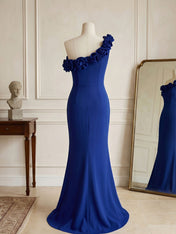 Navy Blue 3D Floral Classic One Shoulder Sleeveless Mermaid Gown Dress