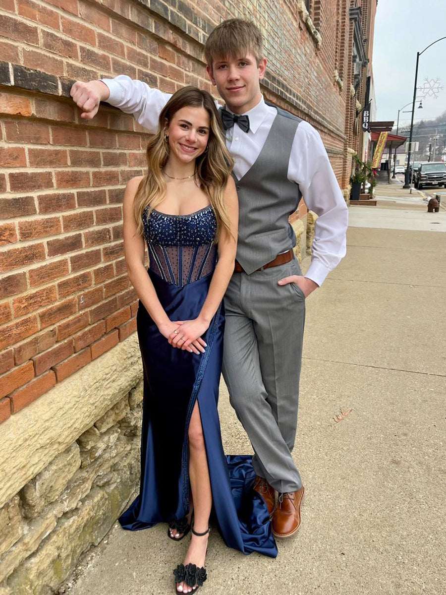 Navy Blue Beaded Corset Satin Long Prom Dress with Slit