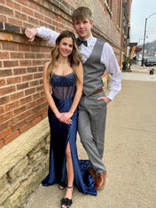 Navy Blue Beaded Corset Satin Long Prom Dress with Slit