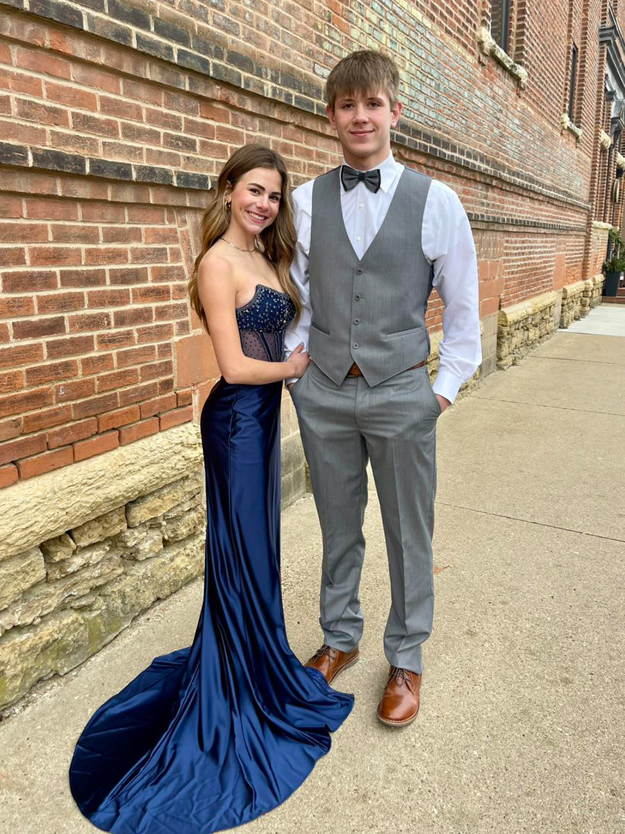 Navy Blue Beaded Corset Satin Long Prom Dress with Slit