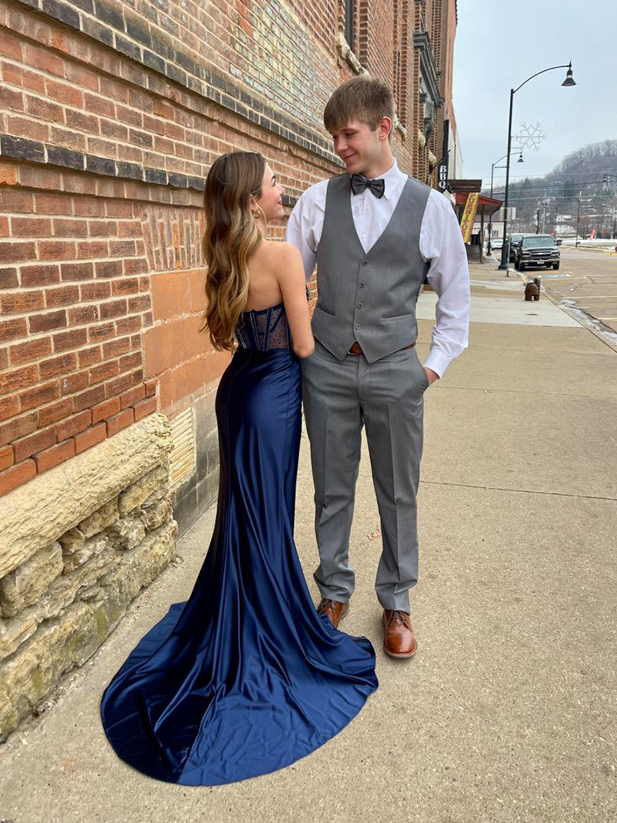 Navy Blue Beaded Corset Satin Long Prom Dress with Slit