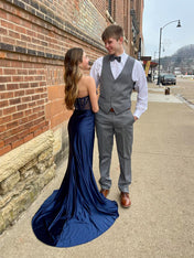 Navy Blue Beaded Corset Satin Long Prom Dress with Slit