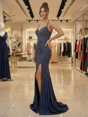 Navy Blue Linear Beaded Mermaid Satin Long Prom Dresses with Slit