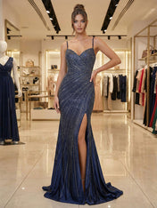 Navy Blue Linear Beaded Mermaid Satin Long Prom Dress with Slit