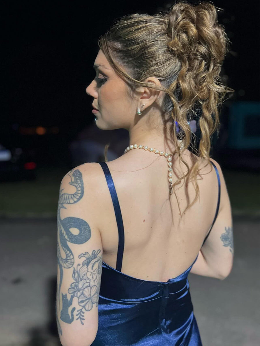 Navy Blue Ruched Satin Spaghetti Strap Long Prom Dress