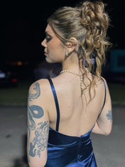 Navy Blue Ruched Satin Spaghetti Strap Long Prom Dress