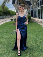 Navy Blue Ruched Satin Spaghetti Strap Long Prom Dress