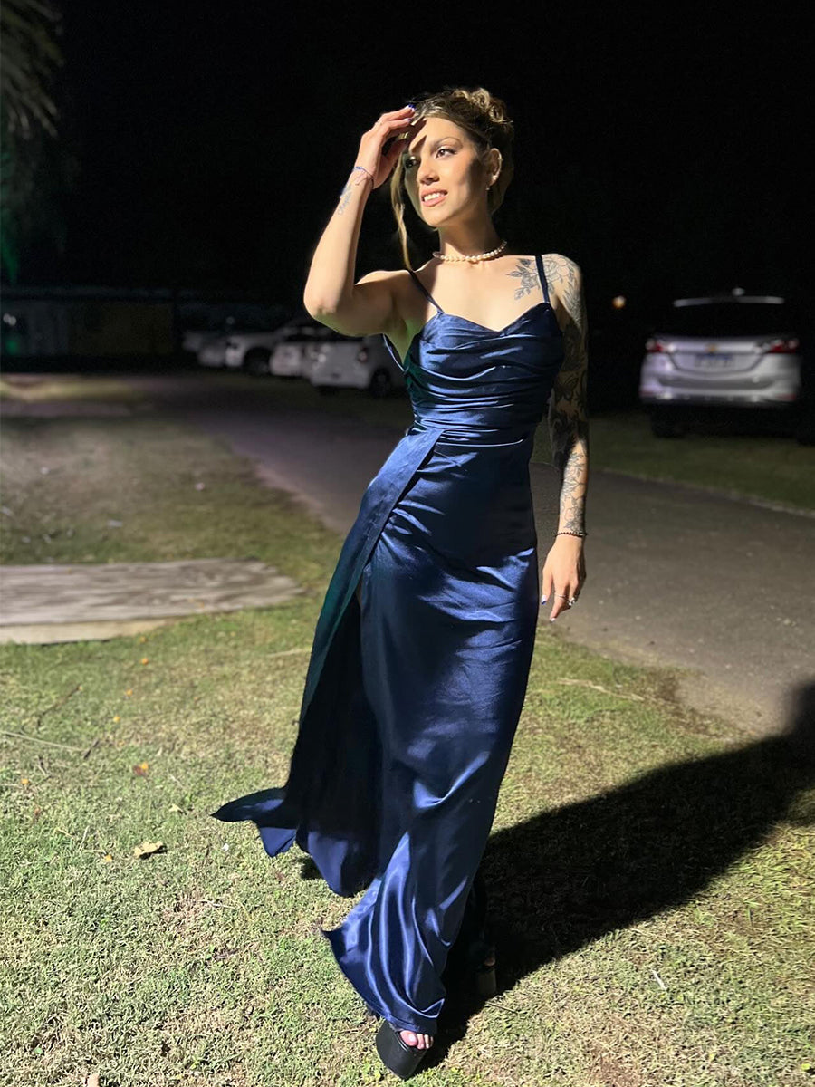 Navy Blue Ruched Satin Spaghetti Strap Long Prom Dress