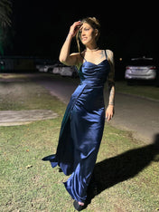 Navy Blue Ruched Satin Spaghetti Strap Long Prom Dress