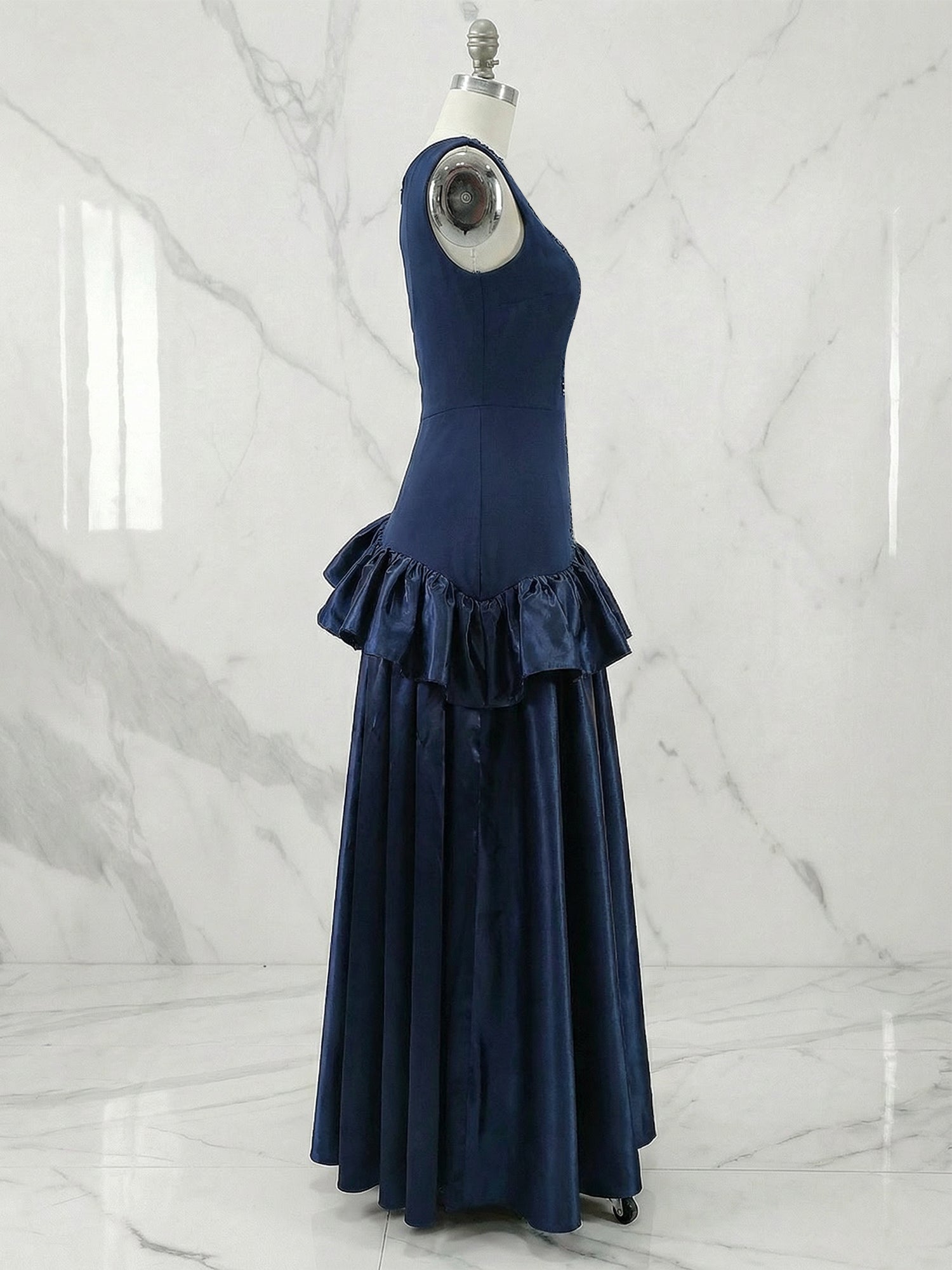 Navy Blue Ruffled Satin Boat Neck Sleeveless A-Line Maxi Dress Gown