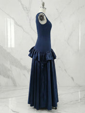 Navy Blue Ruffled Satin Boat Neck Sleeveless A-Line Maxi Dress Gown