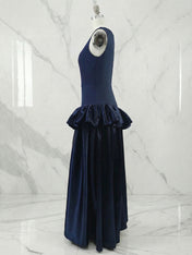 Navy Blue Ruffled Satin Boat Neck Sleeveless A-Line Maxi Dress Gown